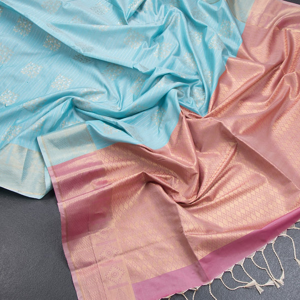Semi Soft Silk Sky Blue Zari Worked Saree