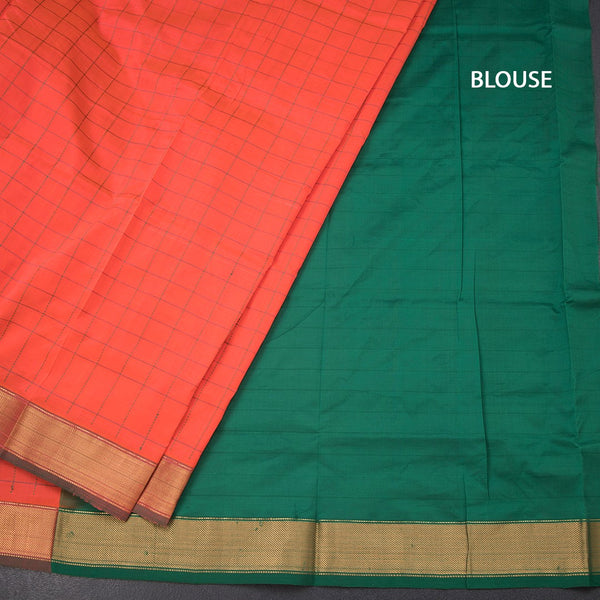 Poly Cotton Orange Thread Checked Saree And Zari Border