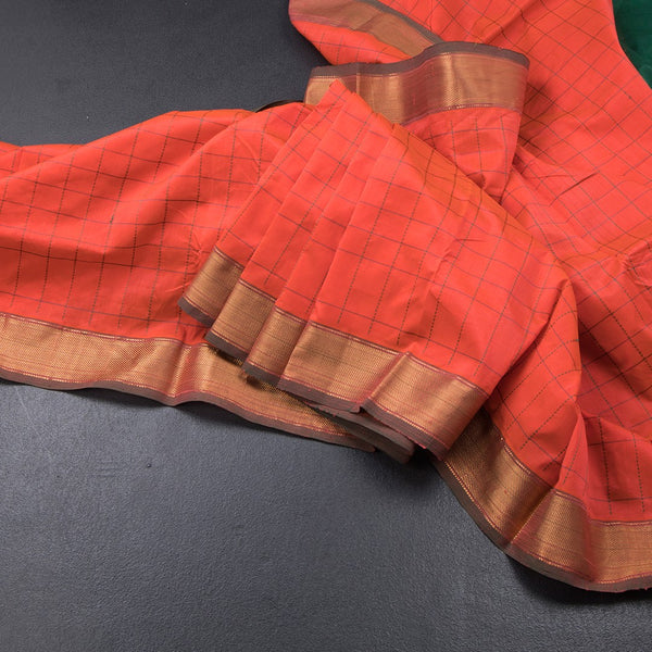 Poly Cotton Orange Thread Checked Saree And Zari Border