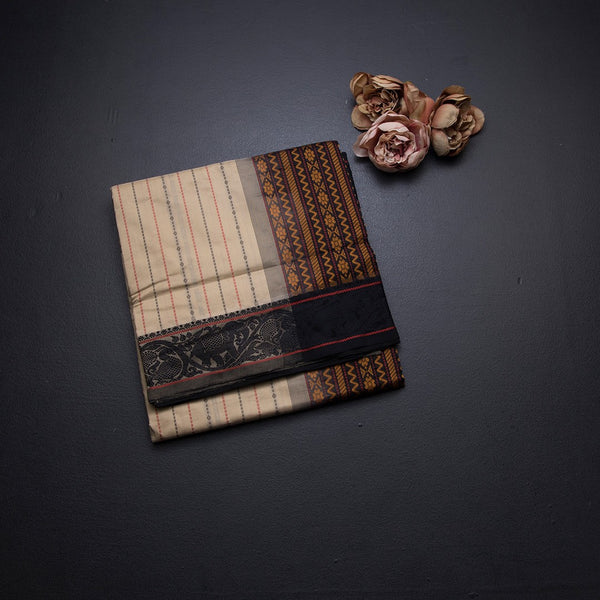 Poly Cotton Cream Thread Striped Saree And Thread Border