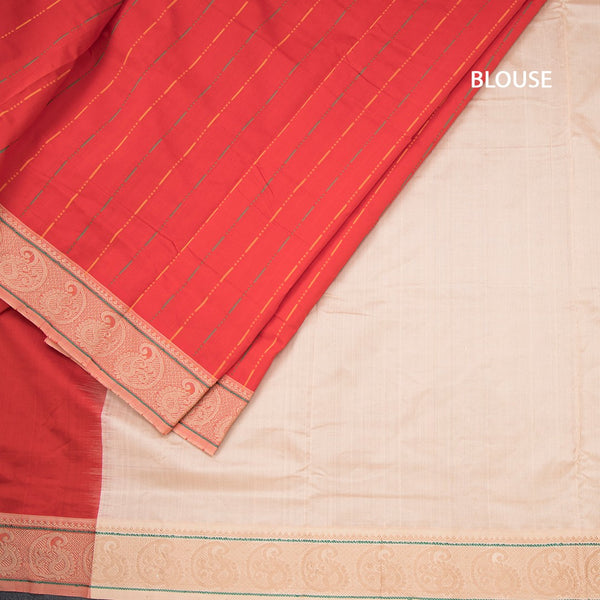 Poly Cotton Red Thread Striped Saree And Thread Border