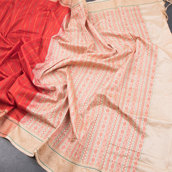 Poly Cotton Red Thread Striped Saree And Thread Border - Kumaran Silks