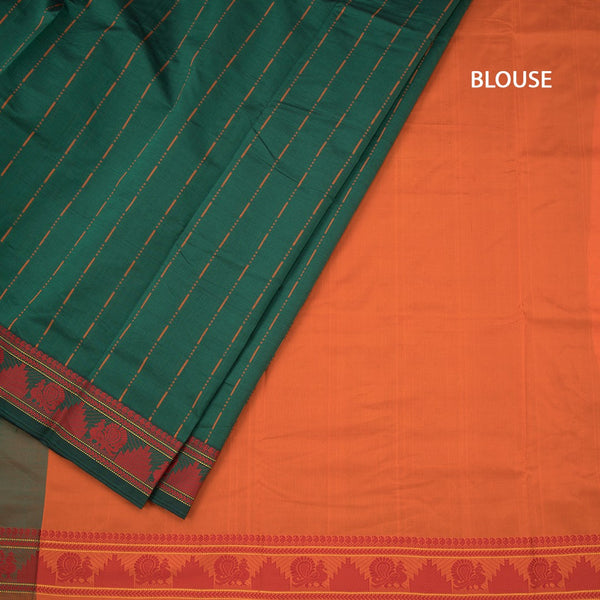 Poly Cotton Bottle Green Thread Striped Saree And Thread Border
