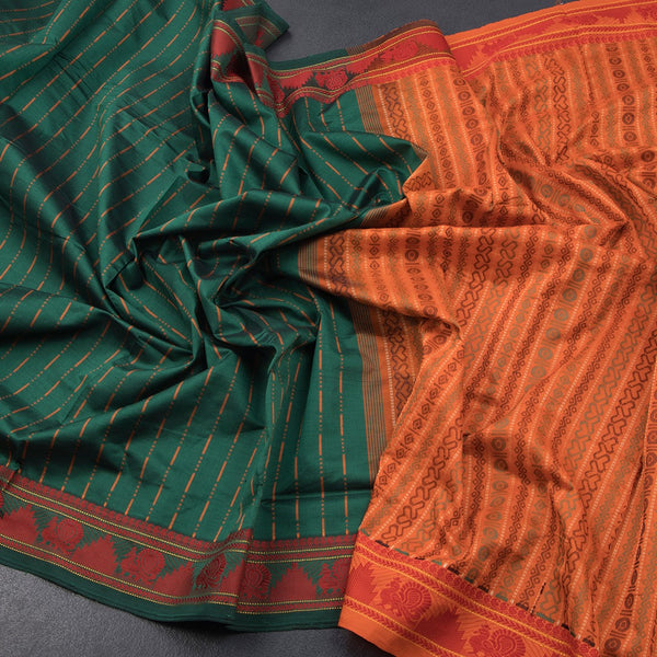 Poly Cotton Bottle Green Thread Striped Saree And Thread Border - Kumaran Silks
