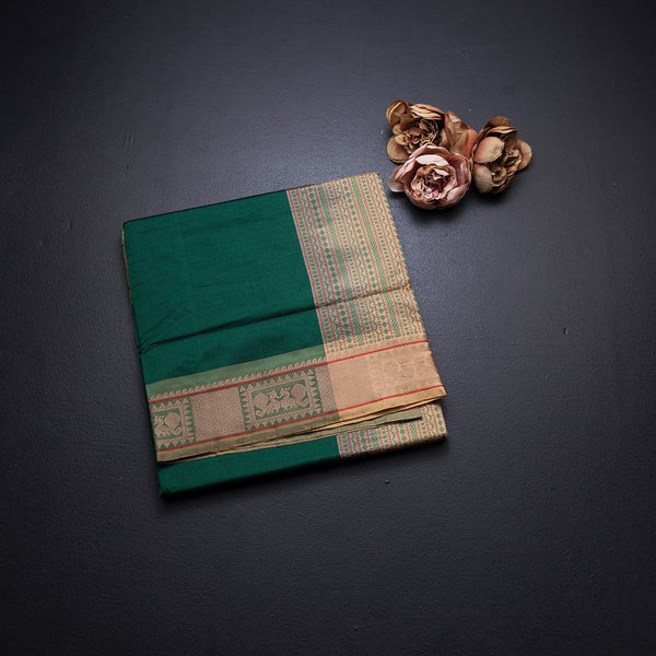 Poly Cotton Bottle Green Plain Saree And Thread Border