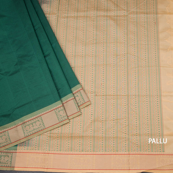 Poly Cotton Bottle Green Plain Saree And Thread Border