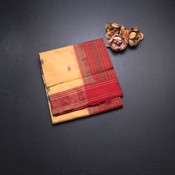 Poly Cotton Cream Saree With Thread Buttas And Thread Border