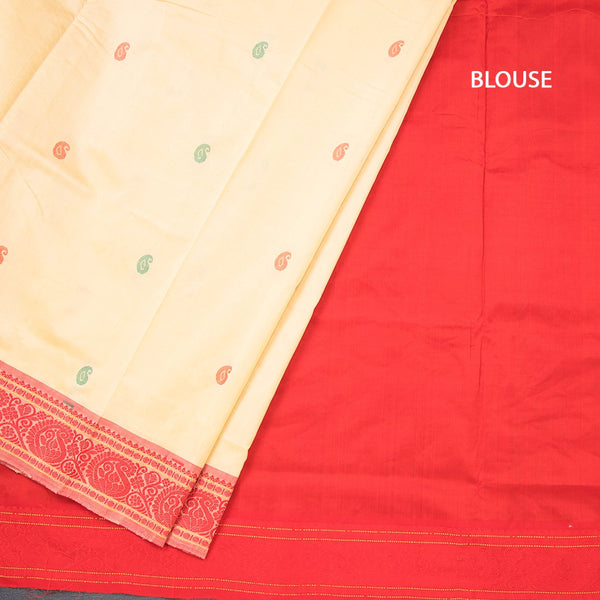 Poly Cotton Cream Saree With Thread Buttas And Thread Border