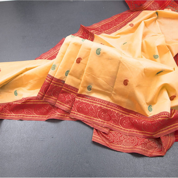 Poly Cotton Cream Saree With Thread Buttas And Thread Border