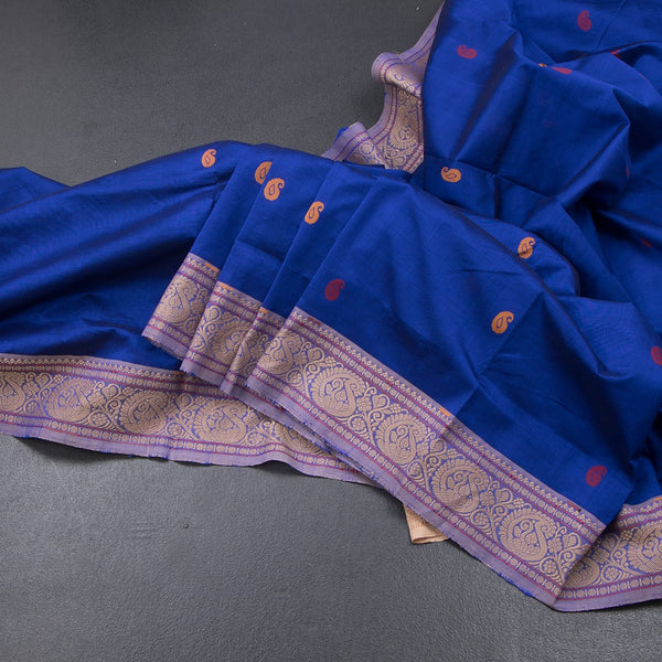 Poly Cotton Ink Blue Saree With Thread Buttas And Thread Border