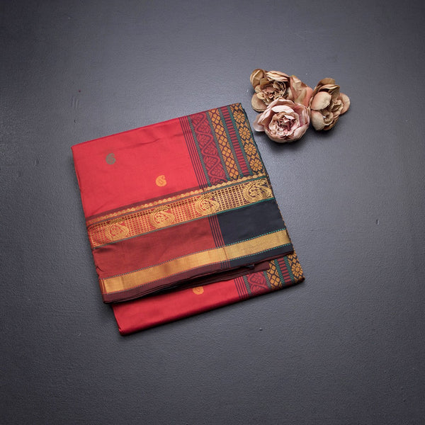 Poly Cotton Red Saree With Thread Buttas And Zari Border