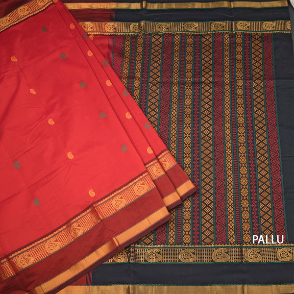 Poly Cotton Red Saree With Thread Buttas And Zari Border