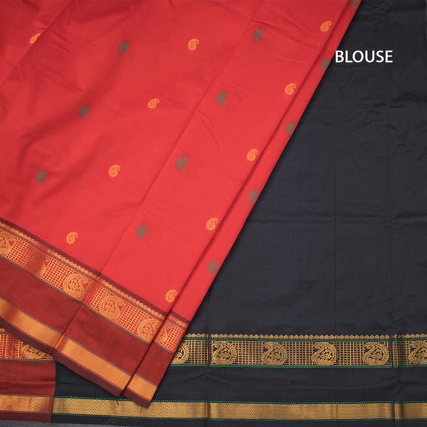Poly Cotton Red Saree With Thread Buttas And Zari Border
