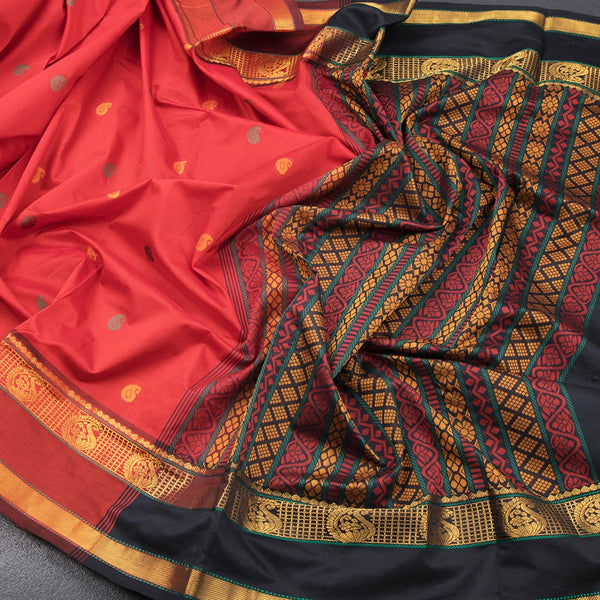 Poly Cotton Red Saree With Thread Buttas And Zari Border