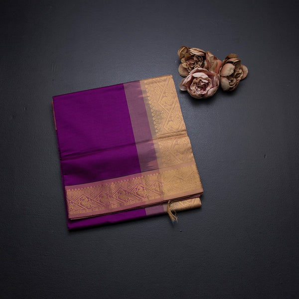 Poly Cotton Dark Magenta Plain Saree And Zari Border