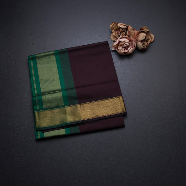 Poly Cotton Dark Brown Plain Saree And Zari Border