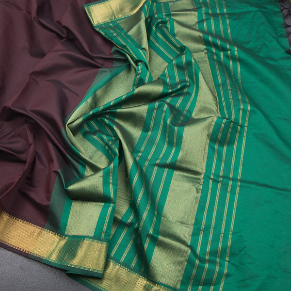 Poly Cotton Dark Brown Plain Saree And Zari Border