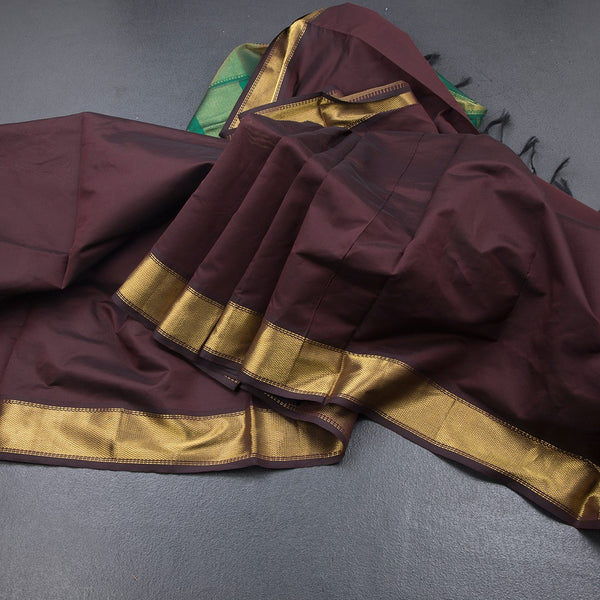 Poly Cotton Dark Brown Plain Saree And Zari Border
