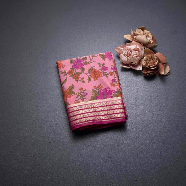 Semi Mysore Silk Light Pink Floral Printed Saree And Zari Border