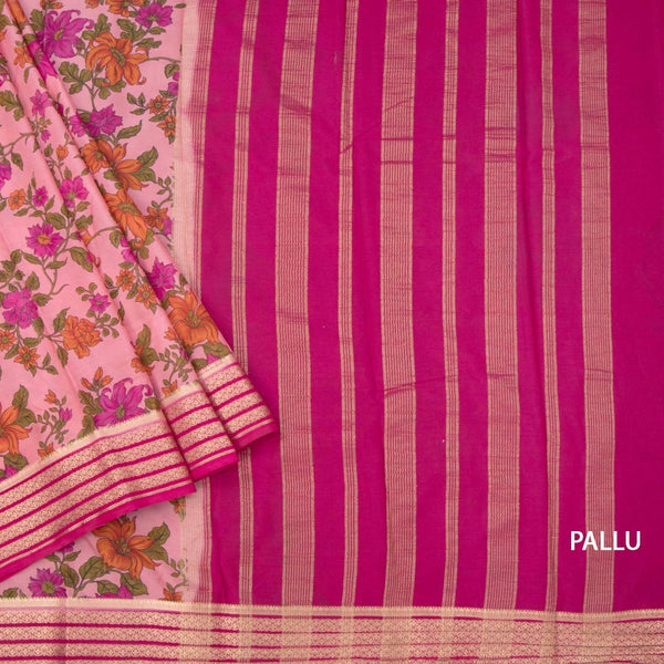 Semi Mysore Silk Light Pink Floral Printed Saree And Zari Border
