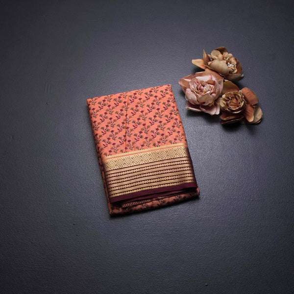 Semi Mysore Silk Dark Peach Floral Printed Saree And Zari Border