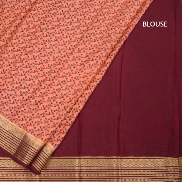 Semi Mysore Silk Dark Peach Floral Printed Saree And Zari Border