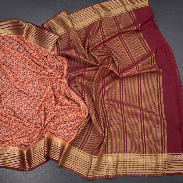 Semi Mysore Silk Dark Peach Floral Printed Saree And Zari Border