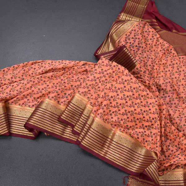 Semi Mysore Silk Dark Peach Floral Printed Saree And Zari Border