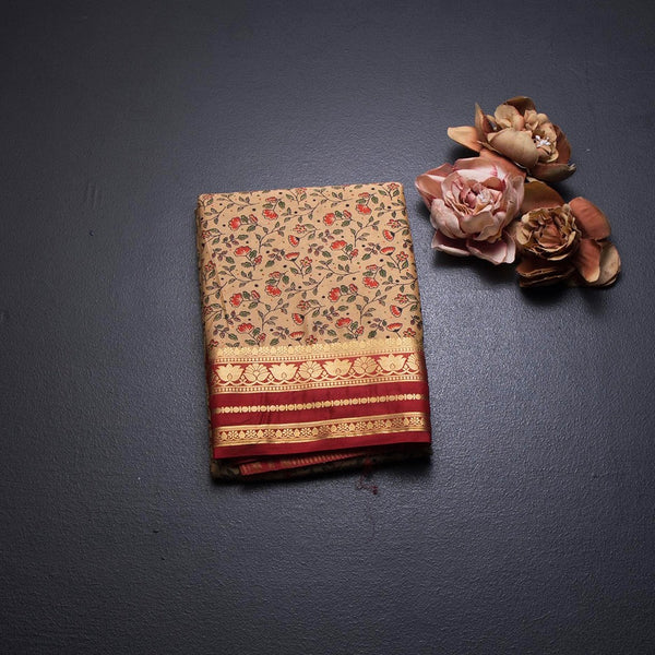 Semi Mysore Silk Sandal Floral Printed Saree And Zari Border
