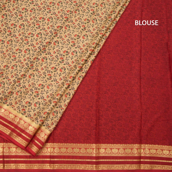 Semi Mysore Silk Sandal Floral Printed Saree And Zari Border