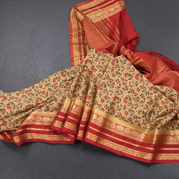 Semi Mysore Silk Sandal Floral Printed Saree And Zari Border