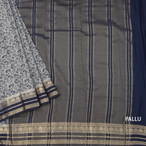Semi Mysore Silk Grey Floral Printed Saree And Zari Border