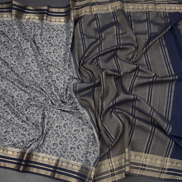 Semi Mysore Silk Grey Floral Printed Saree And Zari Border