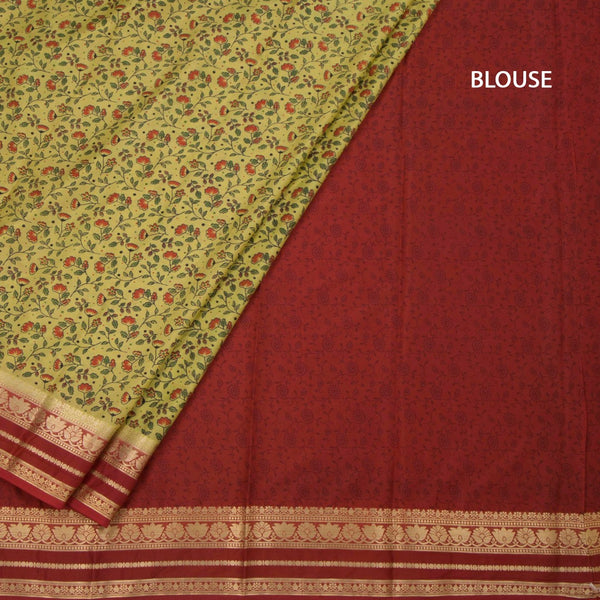 Semi Mysore Silk Lime Green Floral Printed Saree And Zari Border