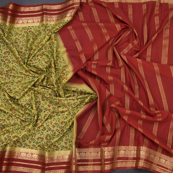Semi Mysore Silk Lime Green Floral Printed Saree And Zari Border