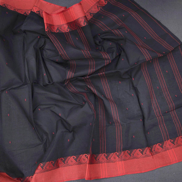 Bengal Cotton Black Saree With Thread Buttas