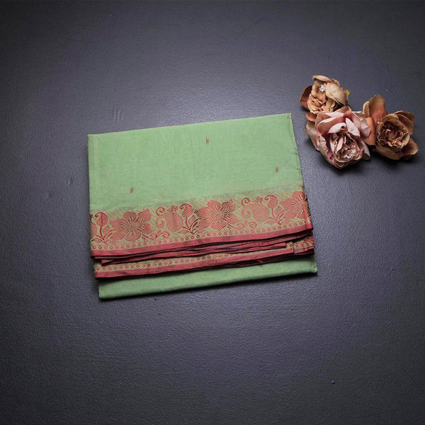 Bengal Cotton Pista Green Saree With Thread Buttas
