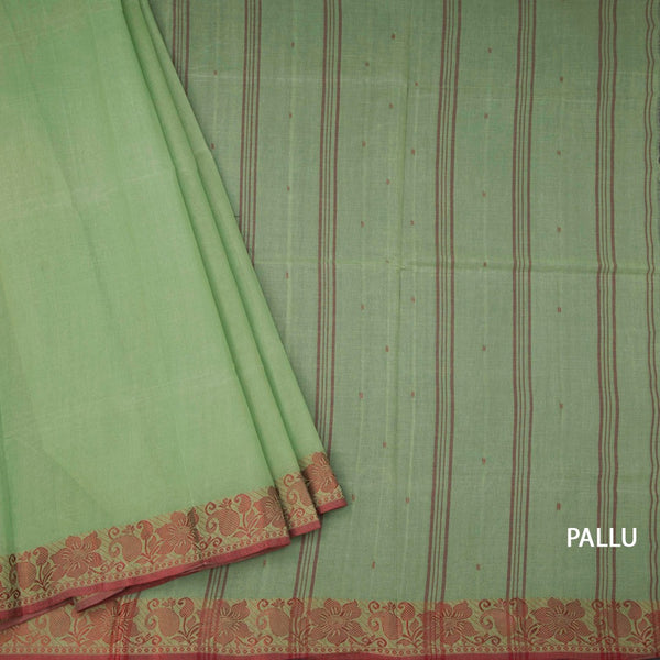 Bengal Cotton Pista Green Saree With Thread Buttas