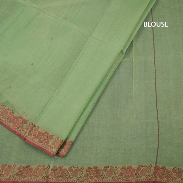 Bengal Cotton Pista Green Saree With Thread Buttas
