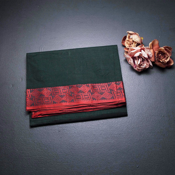 Bengal Cotton Bottle Green Plain Saree