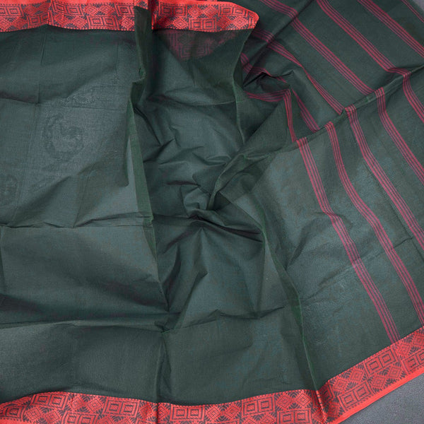 Bengal Cotton Bottle Green Plain Saree