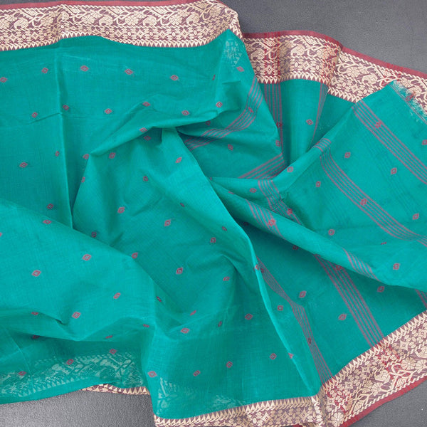 Bengal Cotton Peacock Green Saree With Thread Buttas