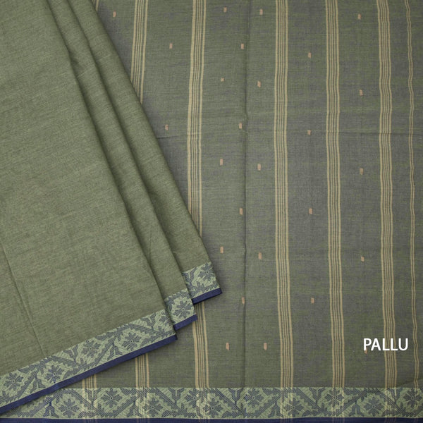 Bengal Cotton Sage Green Saree With Thread Buttas