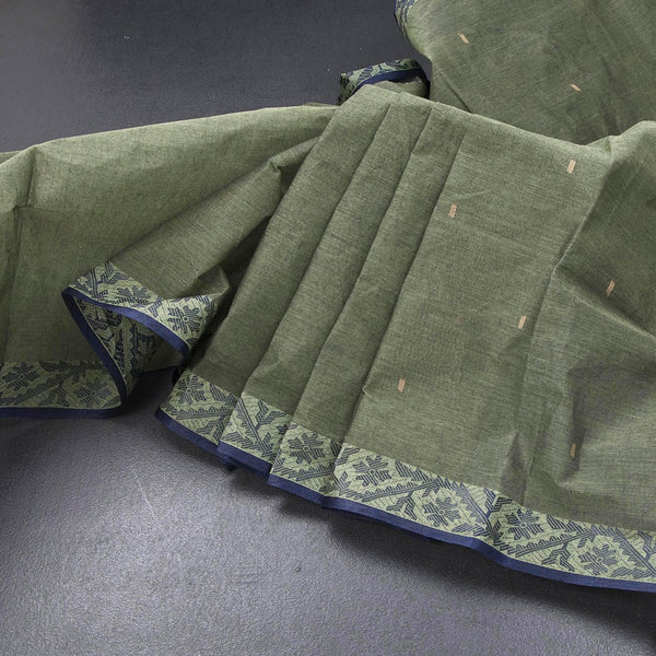Bengal Cotton Sage Green Saree With Thread Buttas