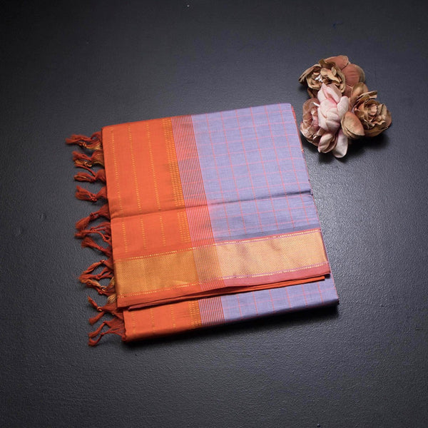 Poly Cotton Light Lavender Thread Checked Saree And Bavanji Border