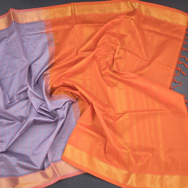 Poly Cotton Light Lavender Thread Checked Saree And Bavanji Border