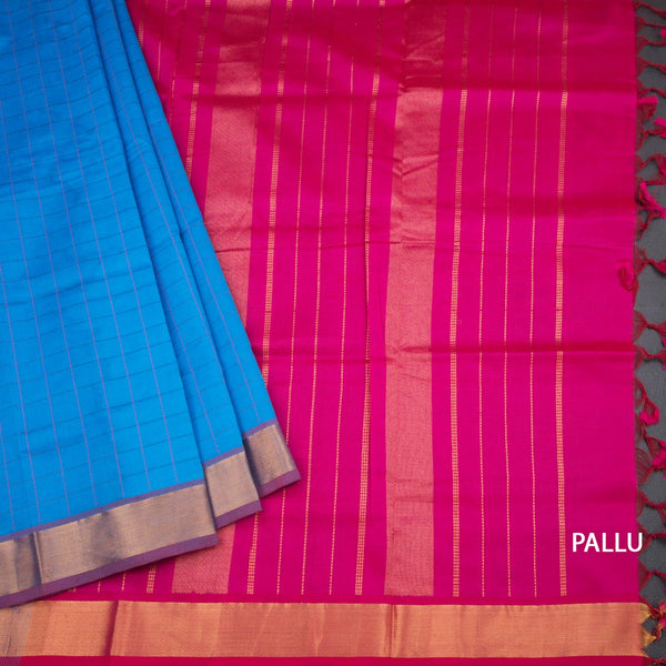 Poly Cotton Blue Thread Checked Saree And Bavanji Border