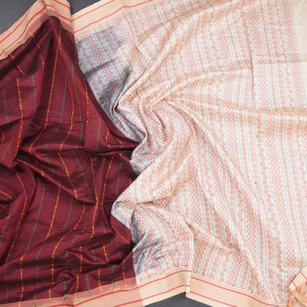 Poly Cotton Maroon Thread Striped Saree And Thread Border