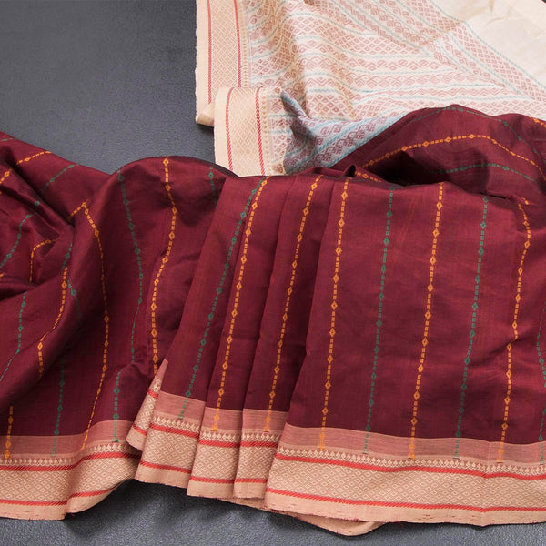 Poly Cotton Maroon Thread Striped Saree And Thread Border