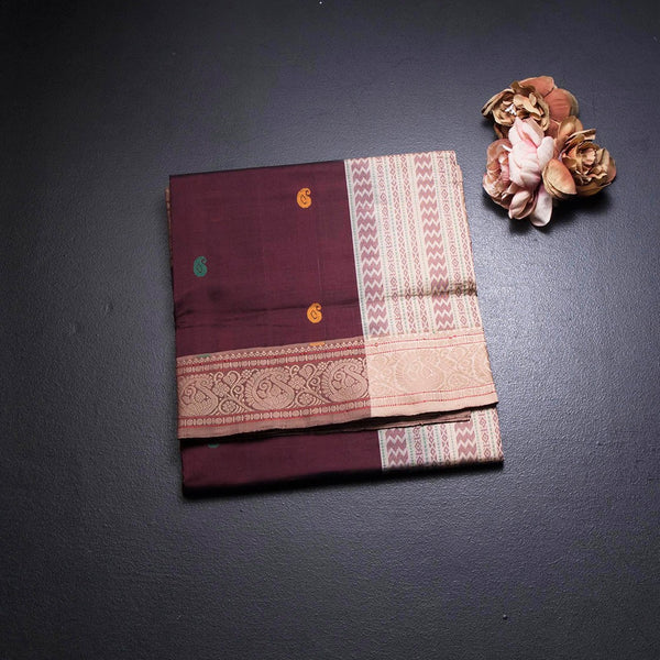 Poly Cotton Dark Maroon Saree With Mango Thread Buttas